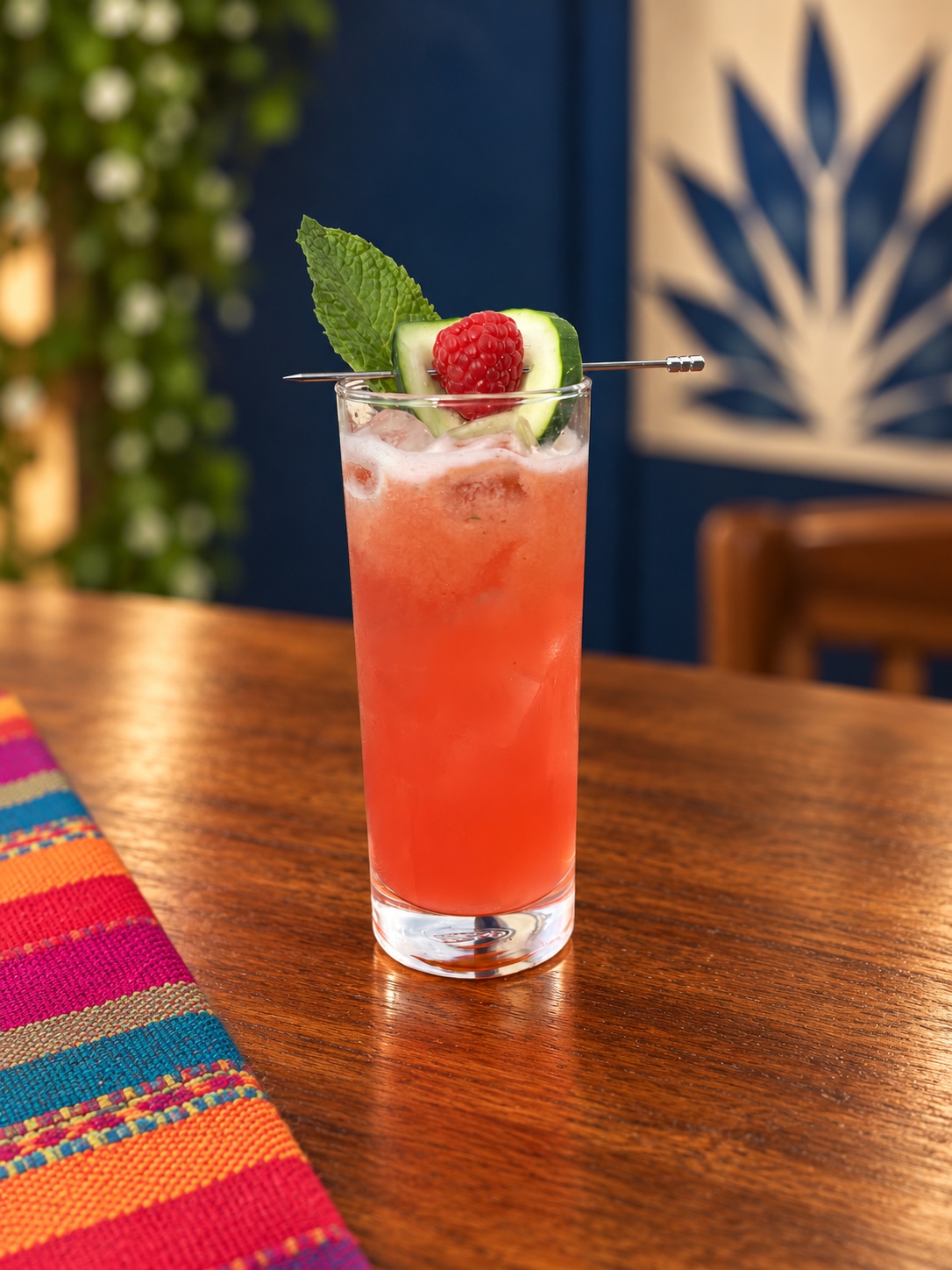 Berry drink with cucumber and mint garnish
