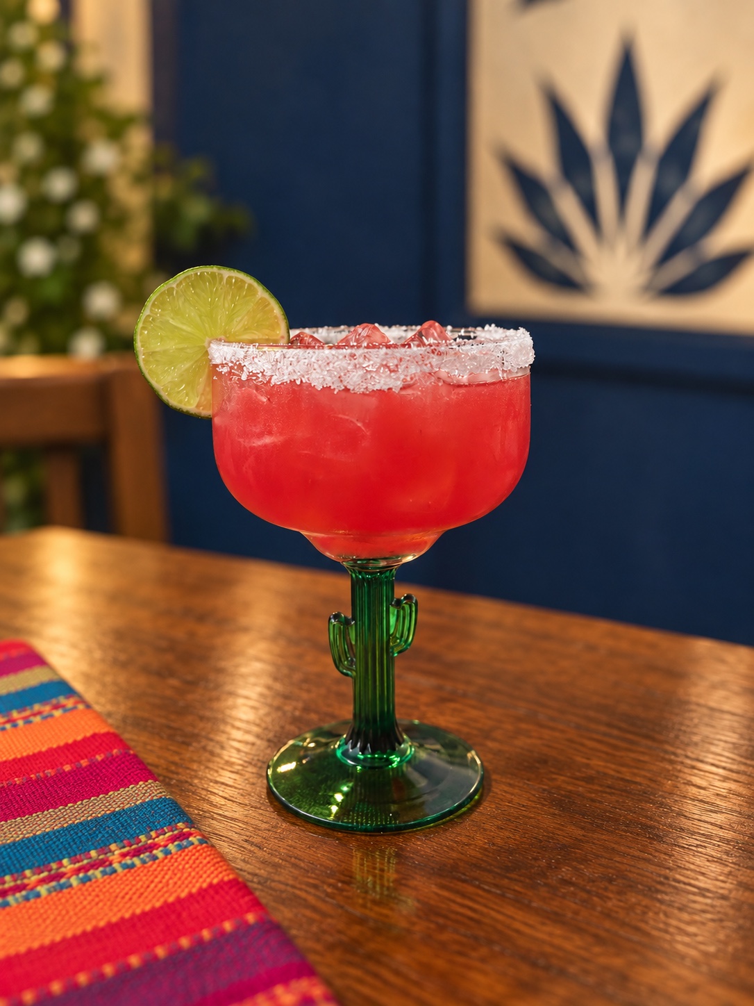 Red margarita with a salted rim and lime