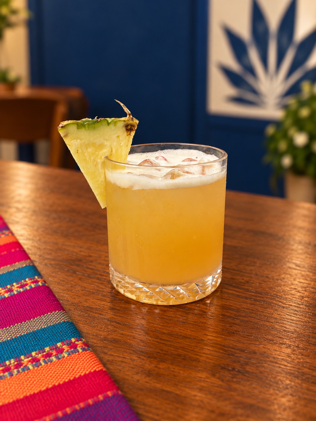 Golden pineapple drink with fresh pineapple garnish