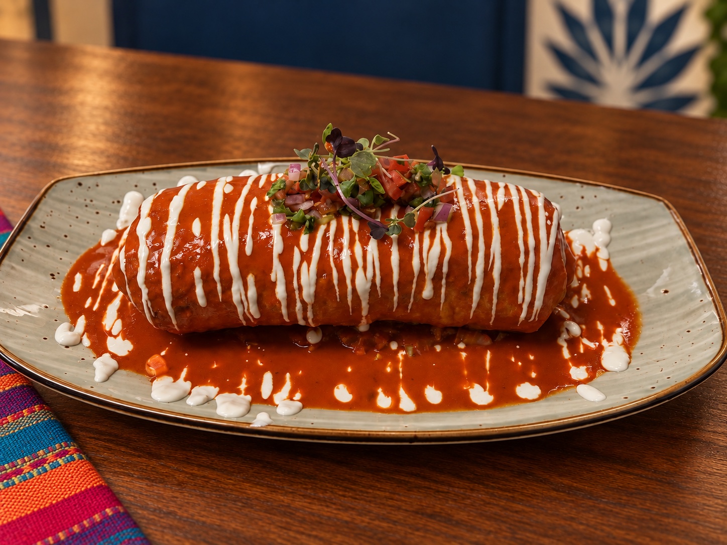 Burrito topped with house sauce, crema, and fresh pico de gallo