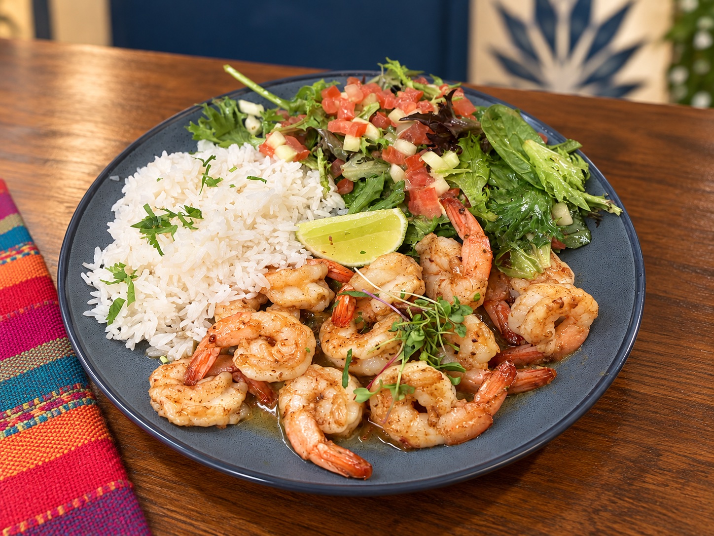 Shrimp entrée with rice, fresh salad, and lime